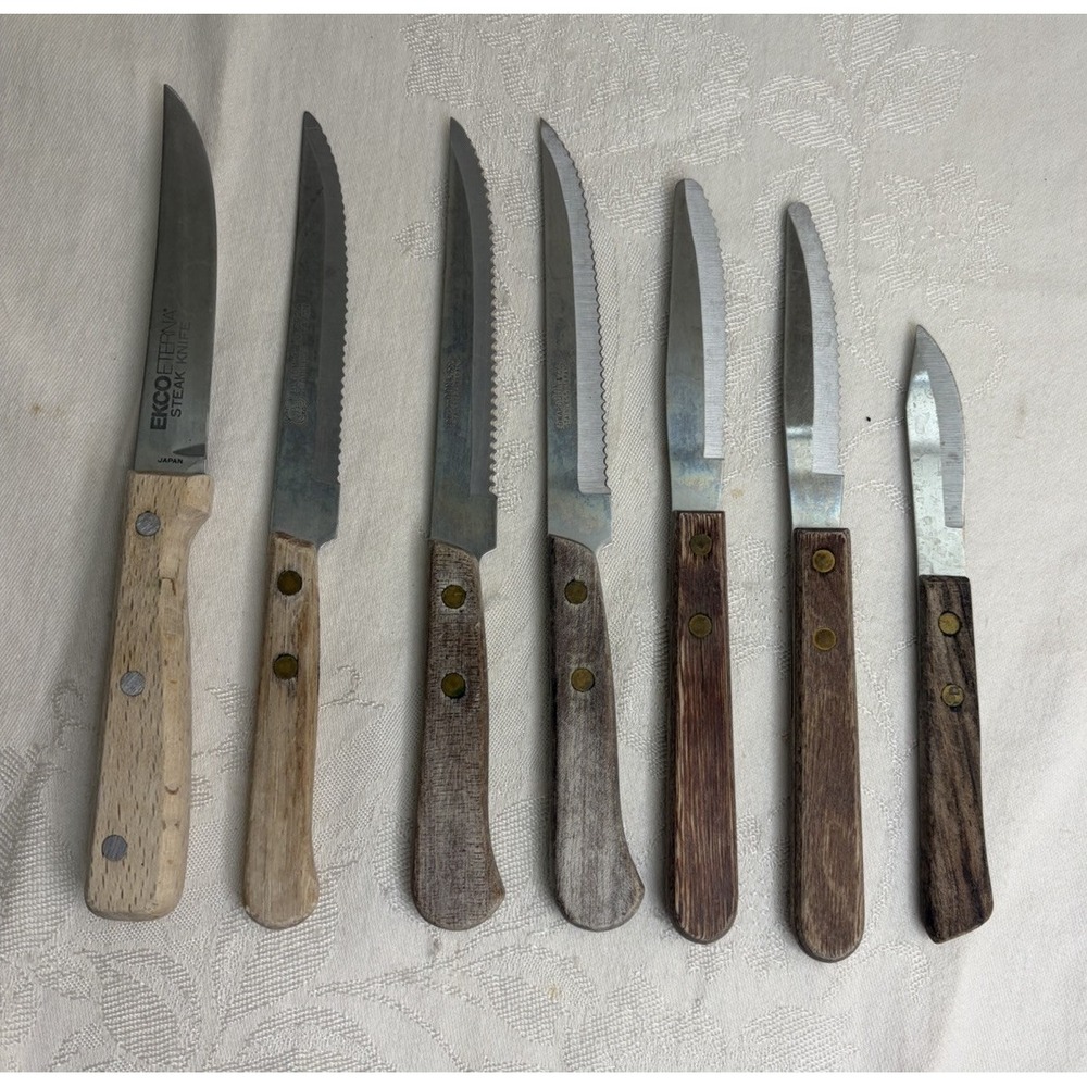 Lot of 7 Vintage Wood Handled Stainless Steel Knives Japan Serrated